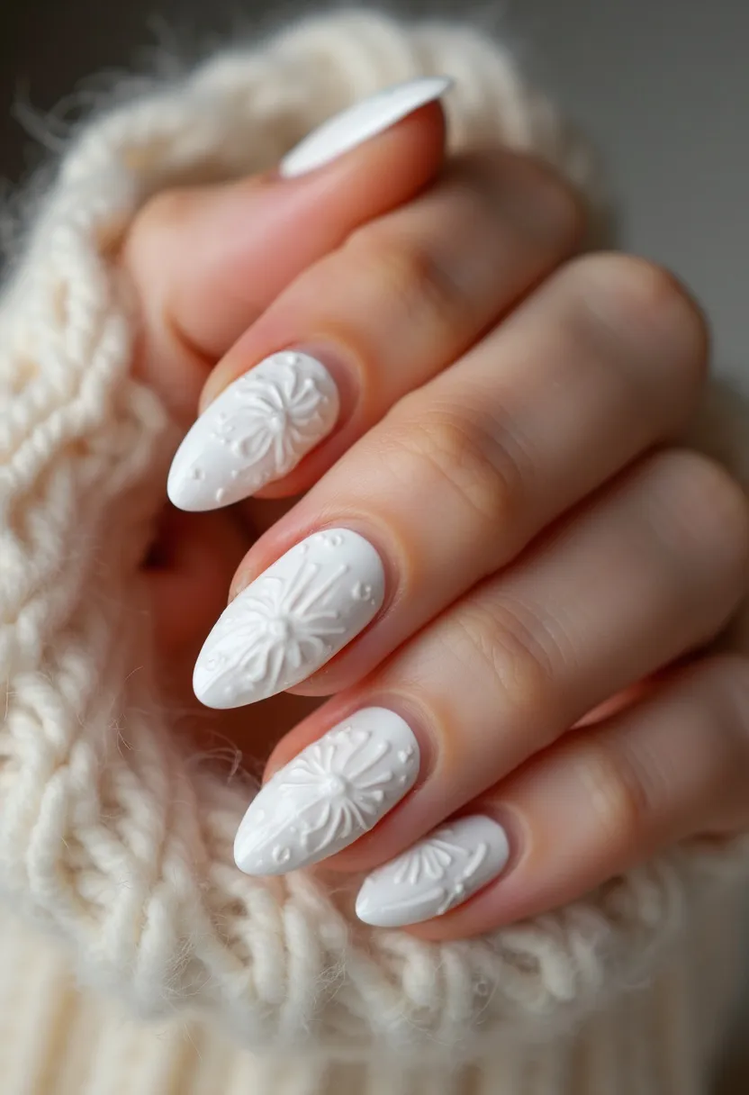 The nail design features a monochromatic white color palette, evocative of a winter theme. The nails are shaped into a stiletto style, providing an elegant and elongated look. Each nail showcases intricate three-dimensional patterns resembling knitted sweater textures, creating a cozy and festive appearance. The nail treatment appears to be gel, evident from the glossy finish and detailed artwork that typically holds best with gel products. This design incorporates embossed details adding a touch of sophistication and uniqueness, ideal for the winter season or special occasions such as holiday celebrations.