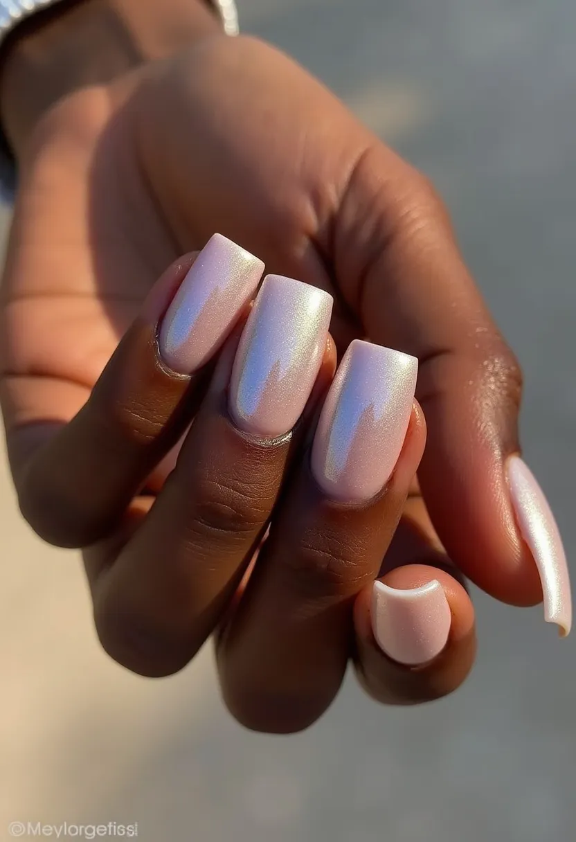 This nail design features a soft, iridescent color palette characterized by a pearly white base with a subtle pinkish sheen, creating a luminous and elegant appearance. The nails are shaped in a long, squared style, providing a modern and sophisticated look. The treatment appears to be a gel manicure, contributing to the glossy and smooth finish. There are no additional intricate patterns or decorations, allowing the shimmering polish to take center stage. This design is versatile for various occasions, including weddings, proms, or any event that calls for a touch of understated elegance. The reflective quality of the nail polish adds a unique detail, making them appear almost holographic in different lights.