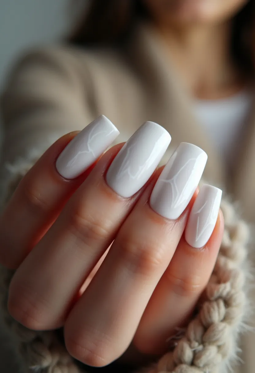 The nail design showcases a striking and elegant look with a glossy white color palette. The nails feature a square shape with slightly rounded edges, offering a modern and sharp aesthetic. The design appears to be created using a gel nail treatment, given the high-gloss finish and smooth surface. There are subtle, intricate patterns resembling fine lines or veins, adding a touch of sophistication to the overall look. This nail design could be suitable for a winter or bridal theme, providing a classy and timeless option for special occasions.