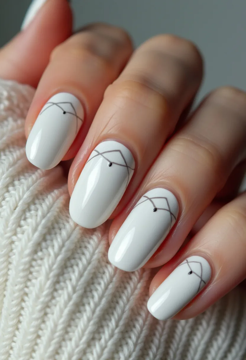 This nail design features a sophisticated palette primarily composed of a soft white base color. The nails are styled in a classic almond shape, offering an elegant and elongated appearance. The design incorporates minimalist geometric patterns drawn with fine black lines; some lines form delicate arcs near the cuticle, embellished with a single small black dot for added detail. The use of black against the white backdrop creates a crisp, visually striking contrast. This nail look seems to utilize a gel nail treatment, providing a glossy and durable finish that accentuates the intricate designs. There is a subtle, modern quality to this design, making it versatile for both everyday wear and special occasions, especially fitting for the winter season or minimalist fashion statements.