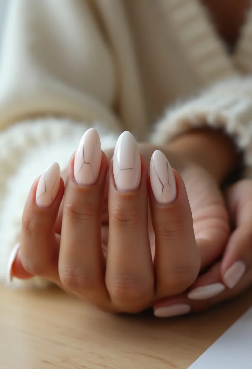 The nail design features a soft, pale pink color palette with almond-shaped nails. Each nail has a minimalist and elegant marbled pattern with fine black lines, creating a sophisticated yet understated look. The treatment appears to be gel-based, providing a smooth and shiny finish. This design could be suitable for various occasions, from everyday wear to special events, due to its versatility and classic aesthetic. The combination of the delicate color and intricate line work adds a subtle touch of luxury, making it an ideal choice for both casual and formal settings.