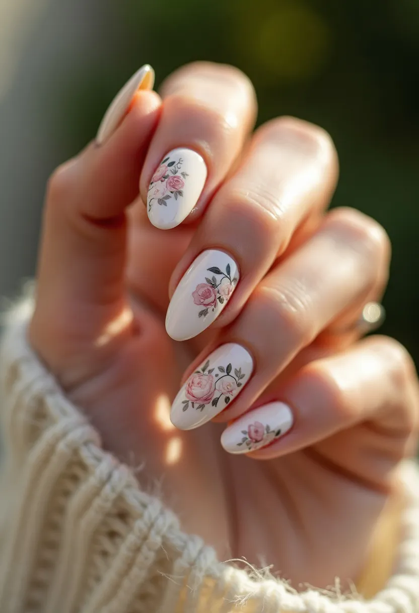 The nail design features a soft and elegant color palette dominated by white, which serves as the base color, and is adorned with delicate floral patterns. The primary floral designs include subtle shades of pink and green, beautifully arranged to resemble blooming roses with leaves. The nails are almond-shaped, providing a classic and graceful look. Given the smooth, glossy finish, it is likely that the treatment involves either gel or shellac. This manicure exudes a romantic and feminine charm, making it an excellent choice for a spring or summer theme, potentially complementing events such as weddings or garden parties. The intricate floral detail adds a personalized touch to the overall elegant aesthetic.