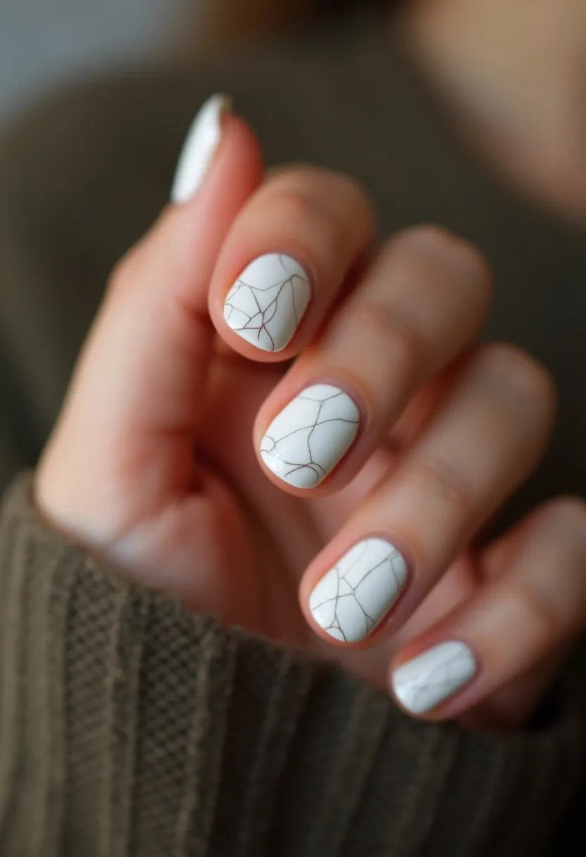 The nail design features a simple yet sophisticated palette with a predominant white color. The nails are shaped in a natural, rounded square style. Each nail is adorned with a delicate, intricate pattern of fine black lines, resembling a cracked or marbled effect, adding a touch of elegance and intricacy to the overall design. The type of nail treatment appears to be gel, given the smooth and glossy finish that is characteristic of gel manicures. This design is versatile and would be suitable for various occasions, providing a chic and polished appearance without being overly ostentatious. The minimalistic yet elegant design makes it appropriate for both everyday wear and special events.