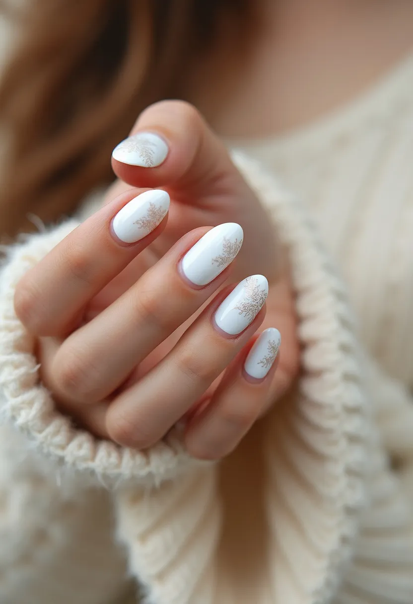 The nails in the image feature an elegant design with a predominantly white color palette, reflecting a winter theme. The nails are shaped in a soft almond style, which gives a sleek and polished appearance. Each nail has intricate, delicate patterns that resemble snowflakes or frosty branches, enhancing the seasonal winter effect. Given the glossy finish, the treatment appears to be gel, providing a smooth and durable look. The decorations and overall aesthetic suggest this design is suitable for festive winter occasions, such as the holiday season, emphasizing a subtle yet sophisticated charm.