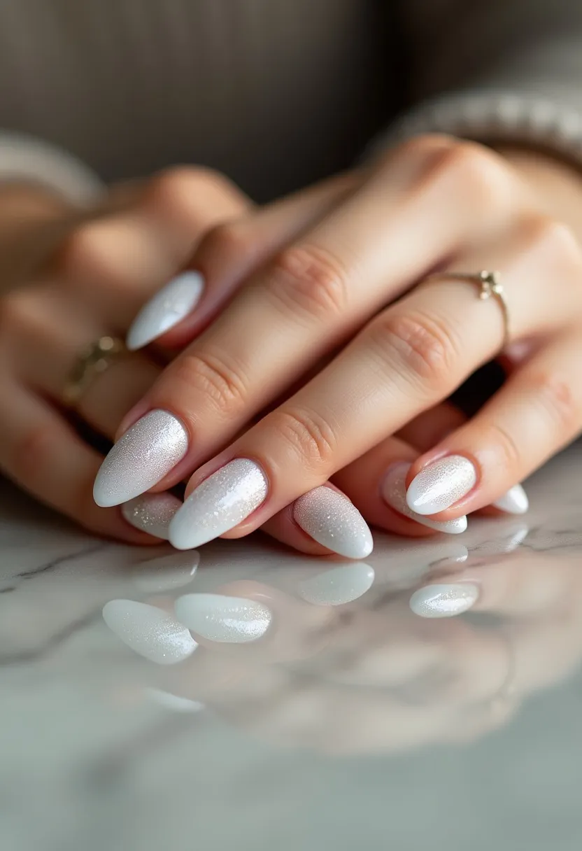 The nail design showcases a sophisticated color palette predominantly featuring white and shimmery silver hues. The nails are shaped into a pointed almond style, enhancing the elegance of the overall look. Each nail is meticulously painted with a gradient effect, blending white and silver glitter to create a dazzling ombre pattern. This design is achieved using gel treatment, providing a glossy and durable finish. The subtle sparkle and refined colors make this nail art suitable for a winter theme or special occasion, such as a wedding or holiday celebration, adding a touch of glamour and sophistication to the wearer’s hands.