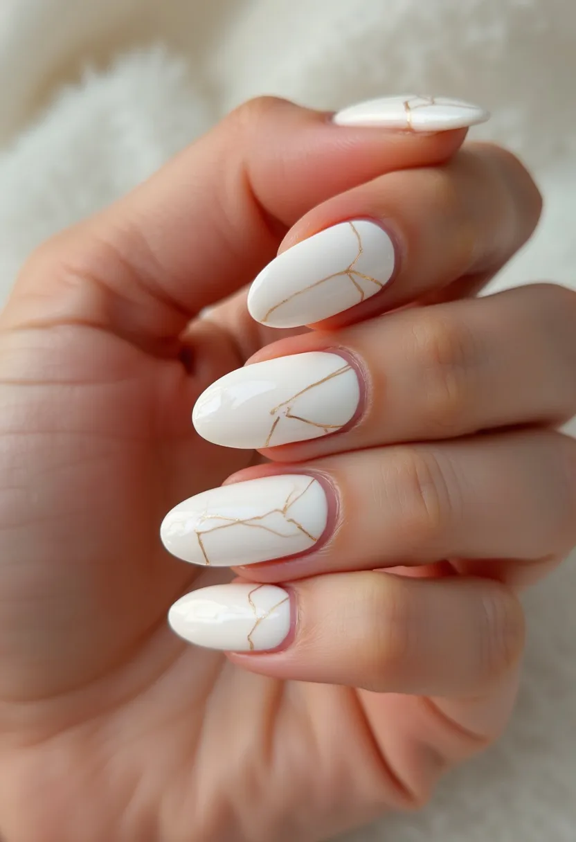 This nail design features an elegant white color palette with subtle, intricate gold veining running across each nail, resembling the appearance of fine marble. The nails are shaped in a stylish almond form, contributing to the overall sophisticated aesthetic. The treatment appears to be a gel manicure, evident from the glossy finish and smooth surface. The gold veining adds a touch of luxury and refinement, making this a versatile design that can be suitable for various occasions, from formal events to everyday wear. The overall elegance and simplicity of the design align well with seasonal themes such as winter or special occasions like weddings.