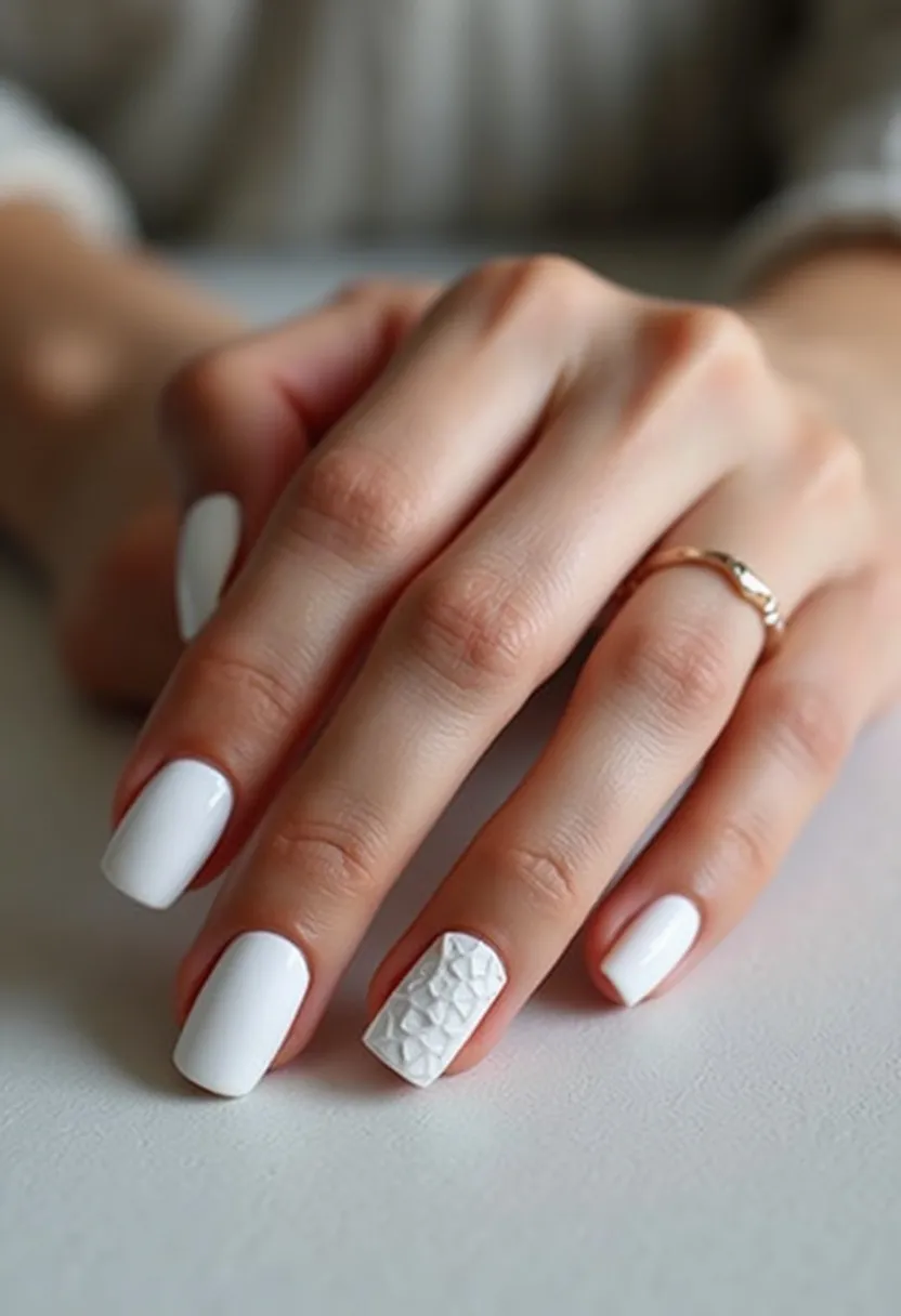 The nail design features a classic white color palette, giving an elegant and clean appearance. The nails are shaped in a short, oval form, providing a natural and sophisticated look. One of the nails stands out with an intricate 3D textured pattern resembling scales or small tiles, adding a unique and artistic touch to the overall design. The nail treatment appears to be of a gel type, characterized by its glossy finish and durable nature. This design, with its pure white color and minimalistic yet detailed accent, is suitable for various occasions, including weddings, formal events, or even as an elegant everyday style.