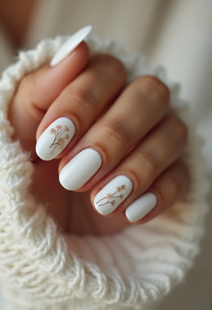 The nail design showcases a classic white color palette applied to oval-shaped nails. The nails feature delicate floral patterns with fine gold detailing, providing an elegant contrast to the white background. This nail art appears to use gel polish, giving a smooth and glossy finish. The intricate floral accents make this design suitable for a spring or wedding theme, adding a touch of sophistication and grace. The white and gold combination creates a clean, polished look, perfect for formal occasions or seasonal celebrations.