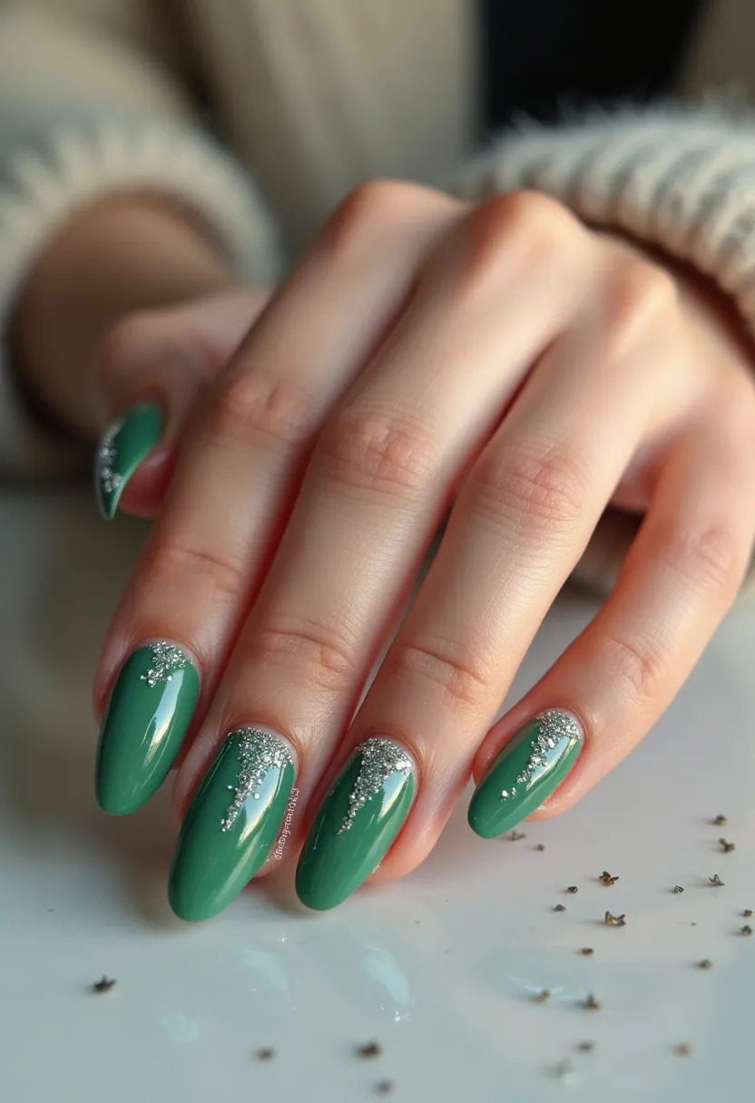 This nail design features a sophisticated, almond-shaped nail style with a glossy green color palette. The nails are adorned with intricate silver glitter patterns at the cuticle area, adding a touch of elegance and sparkle to the overall design. The choice of nail treatment appears to be gel polish, which provides a shiny and resilient finish. The green and silver combination suggests a versatile look appropriate for both seasonal festivities like winter holidays and special occasions. The silver glitter's placement is delicately layered, creating an artful and detailed appearance, enhancing the nails' aesthetic appeal.