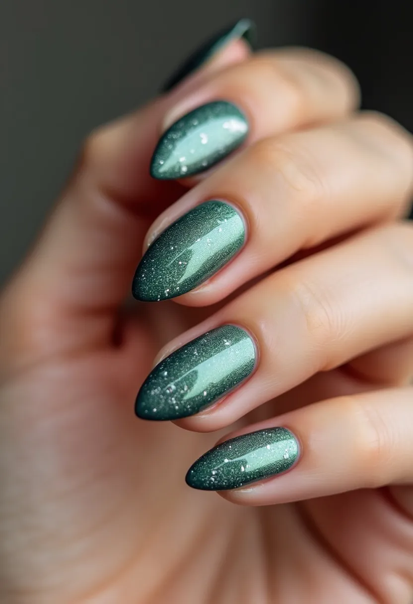 The nail design features long, almond-shaped nails adorned with a beautiful metallic green color palette that shifts slightly in hue, creating a mesmerizing, multichromatic effect. The nails show hints of glitter encapsulated within the polish, adding a subtle sparkle that enhances the overall allure. The chosen nail treatment appears to be gel, as indicated by the smooth, glossy finish that reflects light brilliantly. This design exudes a sophisticated and festive vibe, making it well-suited for special occasions or seasonal celebrations, particularly around the winter holidays or New Year's Eve. The combination of the luxurious color shift and delicate glitters creates an elegant and eye-catching look.