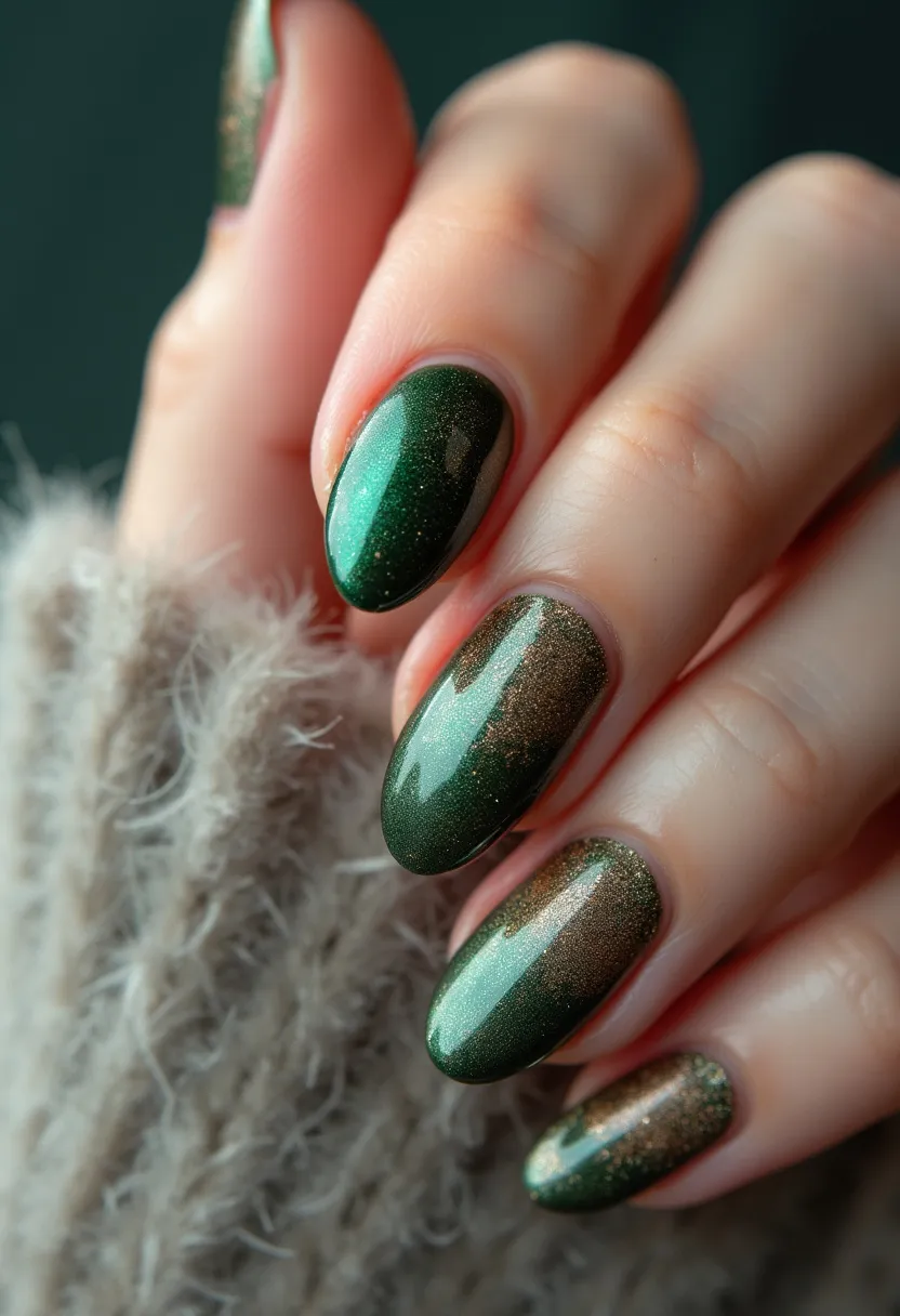 The nail design showcases an elegant combination of rich green and shimmering bronze colors, creating a sophisticated and seasonal look. The nails are almond-shaped, providing a stylish and flattering silhouette. The design features an ombre transition between the green and bronze hues, with subtle glitter accents adding a touch of sparkle and dimension. This intricate pattern is likely achieved through a gel or shellac nail treatment, ensuring a glossy and long-lasting finish. The color palette and glitter accents suggest a theme appropriate for fall or winter, making it an ideal choice for holiday gatherings or special festive occasions.