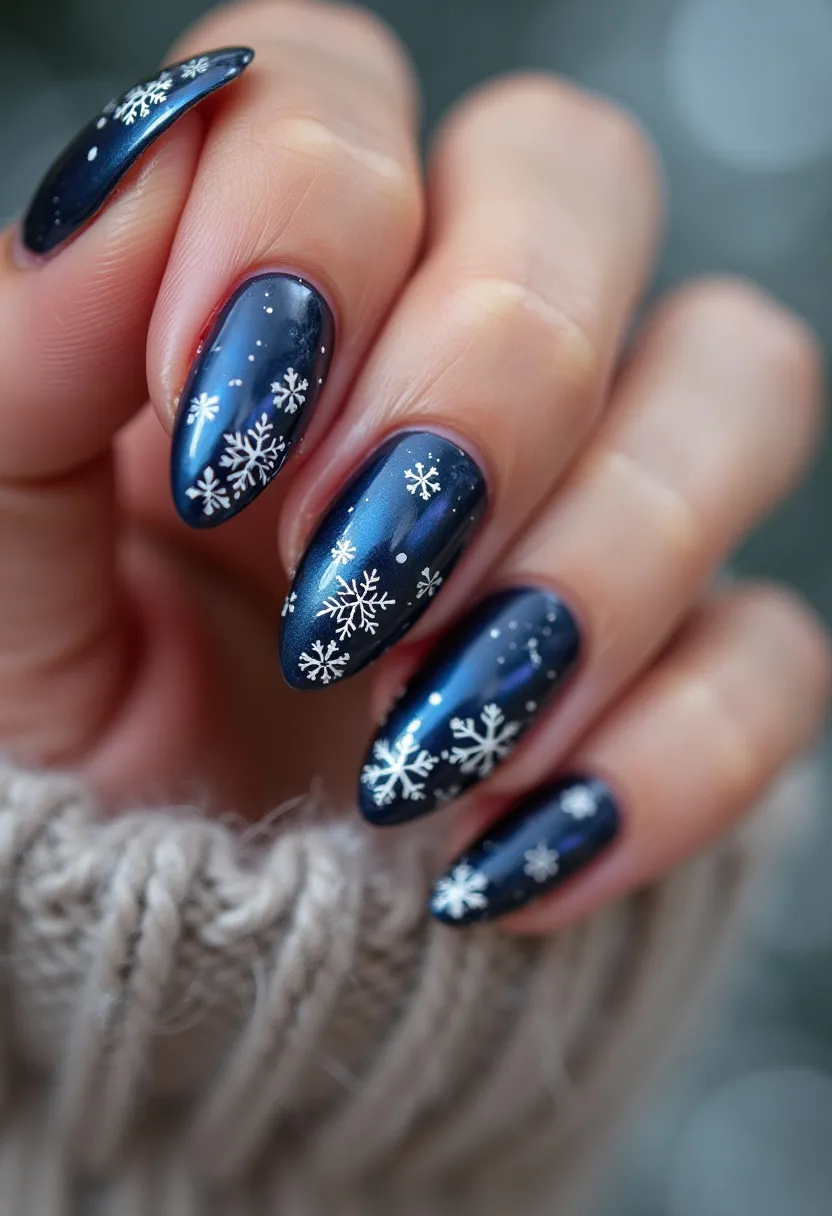 The nail design showcases a winter-themed aesthetic with a navy blue base color that gives a deep, cool appearance. The nails are shaped in an almond style, giving a sleek and elegant look. Intricate white snowflake patterns are delicately painted on each nail, enhancing the winter vibe and adding a festive touch suitable for the holiday season. The nails also feature tiny white dots resembling falling snow, contributing to the overall wintry effect. This nail design appears to utilize gel treatment, providing a glossy and durable finish. The combination of deep blue and white, along with the detailed snowflake patterns, highlights a seasonal, festive theme perfect for winter celebrations.