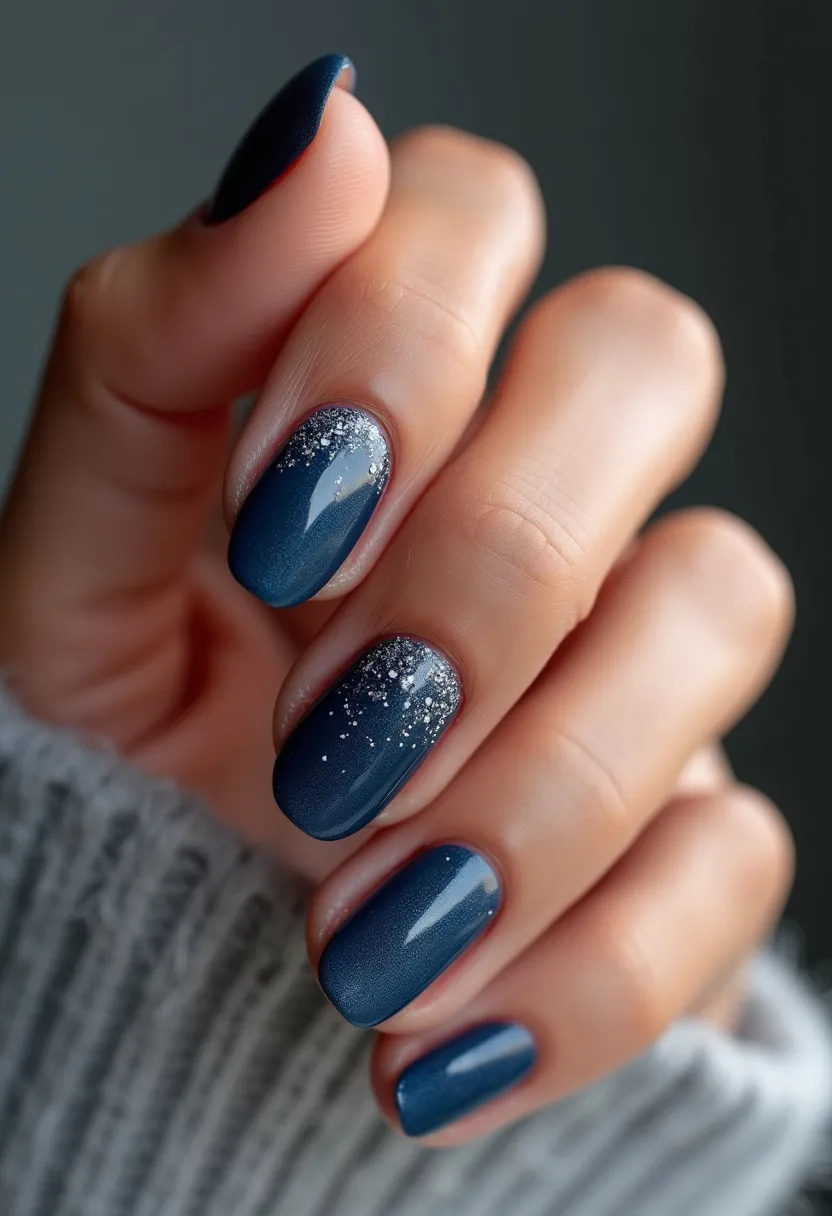 The nail design features a sophisticated and rich navy blue color palette, ideal for an elegant evening look. The nails are shaped in a softly rounded, medium-length style, contributing to the polished appearance. A beautiful gradient effect, transitioning from a deeper to slightly lighter blue, is completed with glitter accents near the base of each nail, adding a festive and glamorous touch. The glitter appears as finely dispersed silver specks, reminiscent of a starry night or a winter snow theme, indicating a possible seasonal holiday inspiration. The shiny, durable finish suggests a gel nail treatment, known for its long-lasting wear and vibrant color. This design would be perfect for winter holidays or any sophisticated evening occasion.