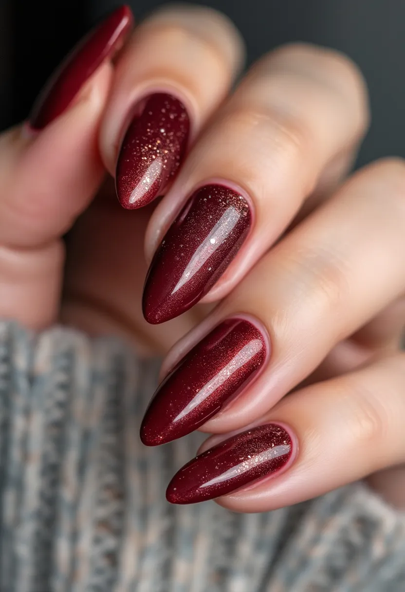 The nail design features an elegant deep burgundy color as the primary palette. The nails are shaped into a long almond form, exuding sophistication and style. The design is enhanced with a subtle gradient of fine glitter, adding a touch of sparkle and depth to the overall look. The glitter is composed of small gold particles, which is scattered lightly over each nail, creating a festive, yet refined shimmer effect. This particular nail design appears to use gel treatment, providing a glossy and durable finish. The overall aesthetic suggests a seasonal theme suitable for autumn and winter, possibly in anticipation of the holiday season due to the rich hue and sparkling accents.