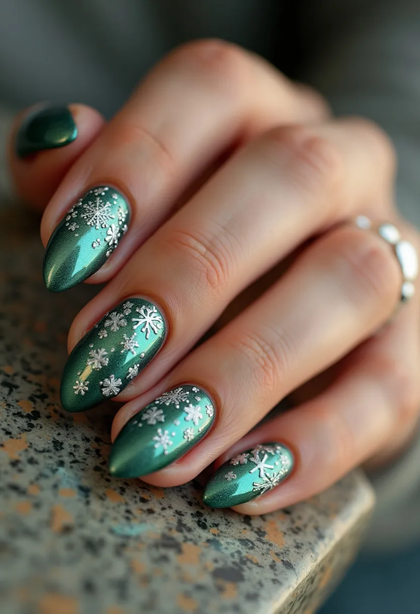 This nail design features a striking color palette dominated by a metallic emerald green base. The nails are shaped into a stylish almond form, offering an elegant silhouette. Each nail is adorned with intricate white snowflake patterns, enhancing the festive and wintry theme. The decorations are meticulously crafted, adding a touch of sparkle and seasonal charm. The high-gloss finish and durability suggest the use of a gel or shellac treatment, ensuring the manicure is long-lasting and chip-resistant. The snowflake motifs and shimmering green base make these nails perfect for the holiday season or winter celebrations, bringing an element of festive cheer and sophistication to the look.