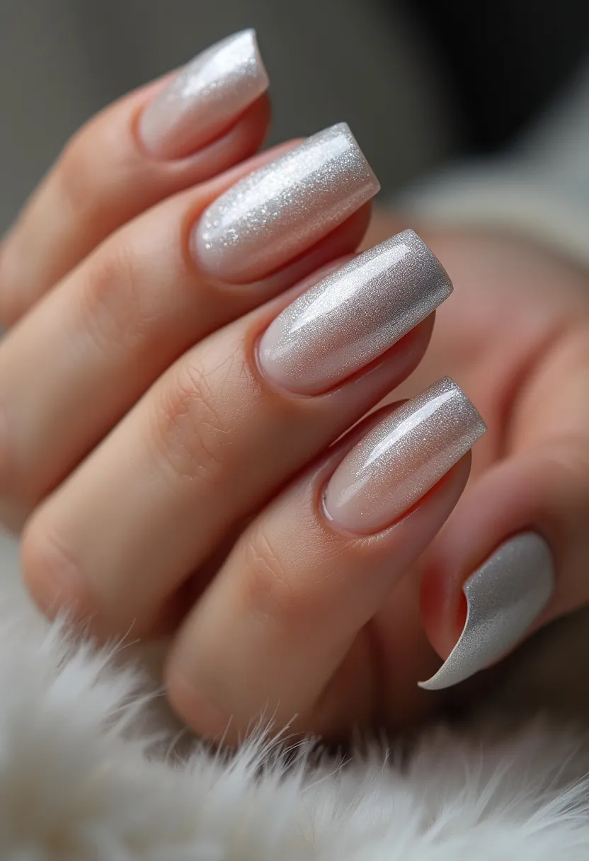 The nail design features a stunning color palette dominated by a silvery, frosted shade that exudes elegance and sophistication. The nails are medium-length with a subtle square shape, maintaining a smooth and polished look. The shimmering finish suggests the use of a high-gloss gel treatment that provides a long-lasting and durable effect. The nails have a graceful, pearlescent glow, making them ideal for winter or festive occasions, including special celebrations and holiday events. The overall design is simple yet striking, with a refined sparkle that catches the light beautifully, emphasizing the festive and glamorous theme.