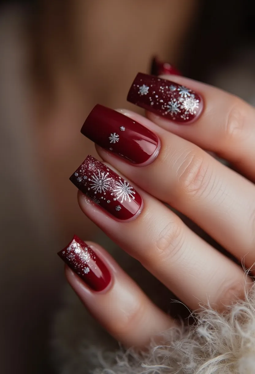 The nail design showcases a rich, burgundy color palette, ideal for the fall or winter season. The nails are shaped in a square manner, creating a clean and sophisticated look. Intricate silver snowflake patterns are meticulously painted on each nail, along with small glitter accents, enhancing the festive and seasonal theme. The gleaming finish suggests a gel treatment, providing a glossy and durable appearance. The design is perfect for the holiday season, offering an elegant and celebratory touch that is both stylish and seasonally appropriate.