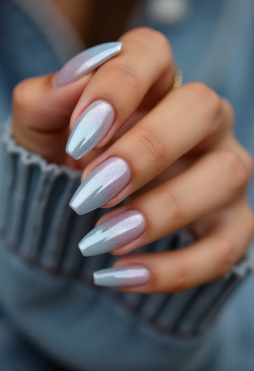 This nail design features nails of a tapered coffin shape, elegantly elongated with a sophisticated appearance. The color palette consists of a shimmering, iridescent light blue that emanates a pearlescent glow, creating a mesmerizing effect. The nails have a smooth, glossy finish that suggests the use of gel treatment, ensuring durability and a flawless shine. The overall design is minimalist, focusing on the luminous quality of the color rather than intricate patterns or decorations. This look feels versatile, chic, and seasonally neutral, suitable for any special occasion or everyday elegance.