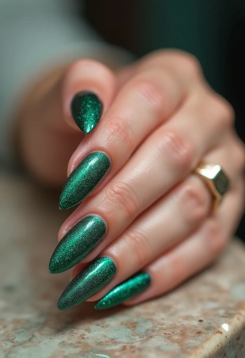 The nail design showcases a striking emerald green color palette with a shimmery finish that adds depth and interest to the look. The nails are shaped into a stiletto form, characterized by their long, pointed tips. The shimmering green polish is applied uniformly across all nails, enhancing the metallic effect and adding a touch of glamour. The nail treatment appears to be gel-based, given the shiny and polished surface that is typical of gel manicures. This nail design can be associated with festive or holiday themes, particularly suitable for winter celebrations or special occasions requiring a touch of sophistication and elegance.