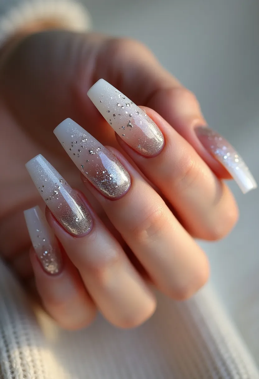 The nail design features a graceful, elongated coffin shape, creating a striking and elegant look. The color palette consists primarily of a soft white gradient transitioning into a metallic silver shimmer, which is complemented by fine silver glitter accents. The intricate pattern includes an ombré effect, starting with a translucent base near the cuticle and blending towards a dense, sparkling tip. Tiny metallic studs are sprinkled across the nails, adding extra dimension and shine. The nails appear to be treated with gel, ensuring a glossy and durable finish, ideal for formal events or festive occasions. This design exudes a stylish, wintry charm, making it perfect for the holiday season.