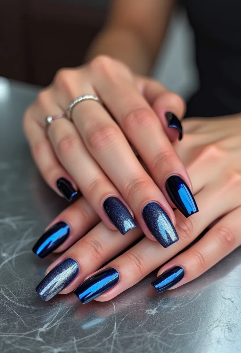 The nail design features a stunning, deep blue color palette, with a combination of metallic and glossy finishes. The nails are shaped in a coffin style, providing an elegant and elongated look. Some nails have a shimmering gradient effect, adding a touch of sophistication and depth to the design, while others sport a high-shine, reflective surface. This nail treatment appears to use gel, as indicated by the smooth, polished finish and durability. The overall design exudes a modern and stylish vibe, making it suitable for an evening out or a special occasion during the winter season.