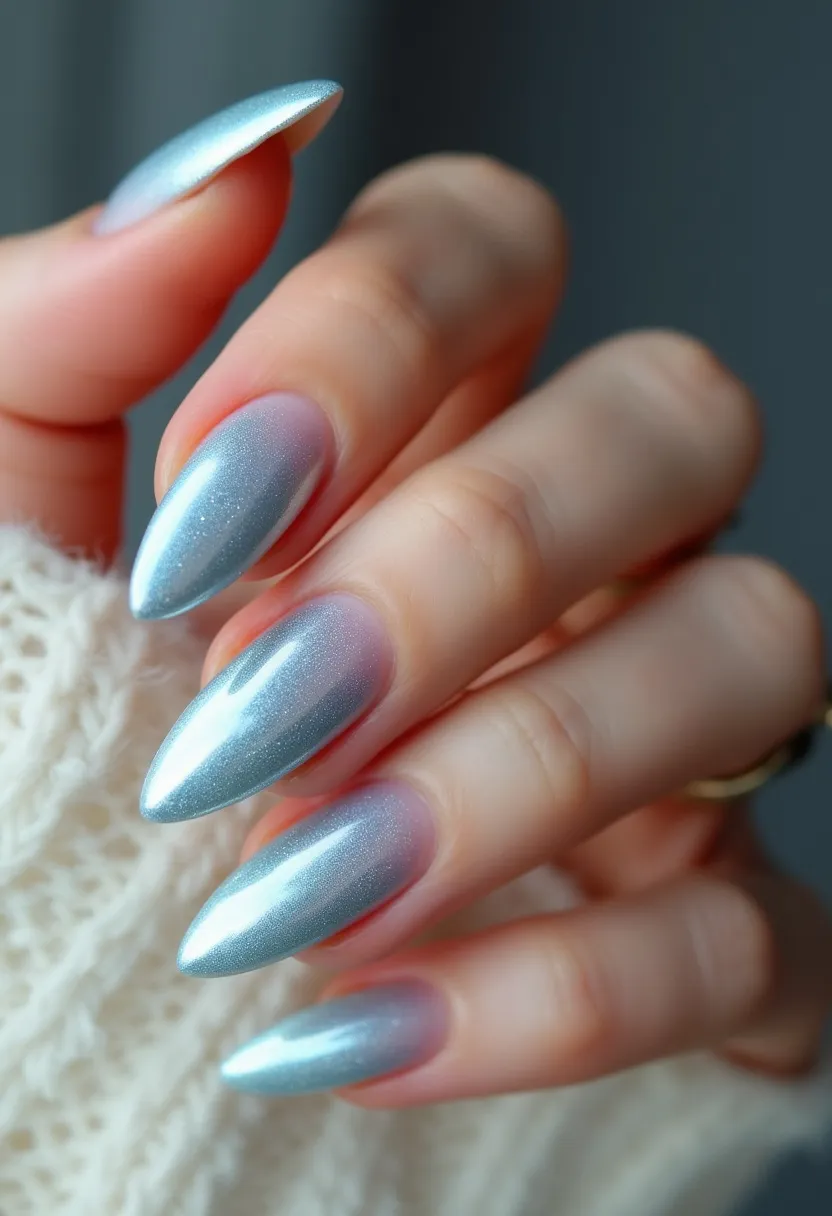 This nail design features a stunning color palette with a gradient effect transitioning from a metallic silver-blue at the tips to a soft, natural pink near the cuticles. The nails are shaped in a pointed, stiletto style, which adds a touch of elegance and drama. The metallic sheen suggests that the treatment used could be gel or shellac, known for their high-gloss finish and long-lasting properties. This design is intricate in its simplicity, focusing on the gradient effect and the metallic shimmer without additional decorations or patterns. The look could be perfect for a winter theme or festive occasions, evoking the icy beauty of the season.