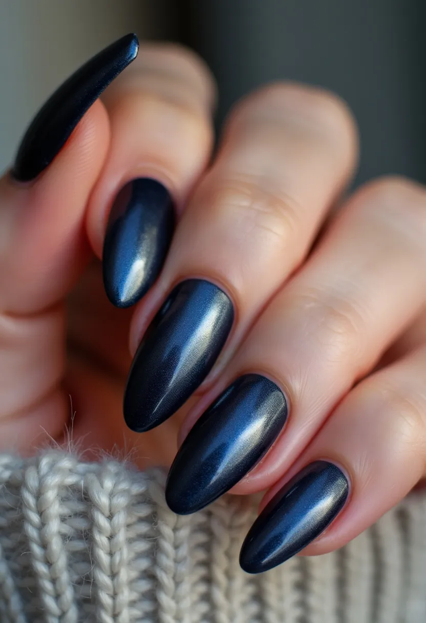 The nail design displays a stylish and sophisticated appearance, featuring long stiletto-shaped nails. The color palette is predominantly a metallic midnight blue with a shimmering finish, enhancing its elegance. This design likely uses a gel treatment, characterized by its glossy and smooth surface. There are no additional intricate patterns or decorations present, allowing the rich, luminous color to stand out strikingly. The choice of a deep blue color makes this nail art suitable for the winter season, adding a touch of luxury and refinement.