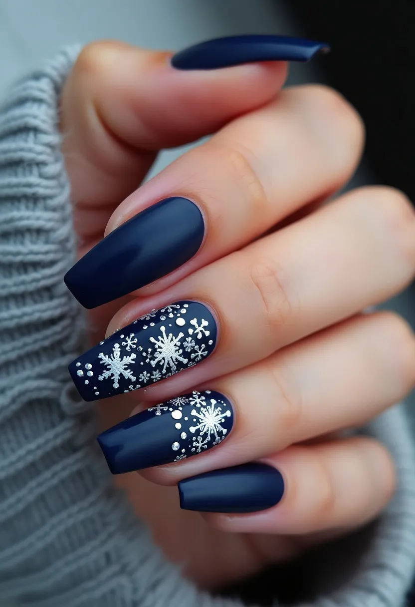 The nail design features a deep navy blue color as the primary palette, creating a bold and sophisticated look. The nails are shaped in a square oval (squoval) style, which maintains the elegance of square tips with a slight curve for softness. There are intricate white snowflake patterns on the middle and ring fingers, adding a touch of seasonal winter charm, likely suggesting a design intent for the winter season or festive occasions. The snowflakes are meticulously detailed; some are complemented by small white dots, mimicking the appearance of falling snow. This is indicative of a gel treatment, given the glossy and smooth finish, which is essential for intricate designs and extended wear.