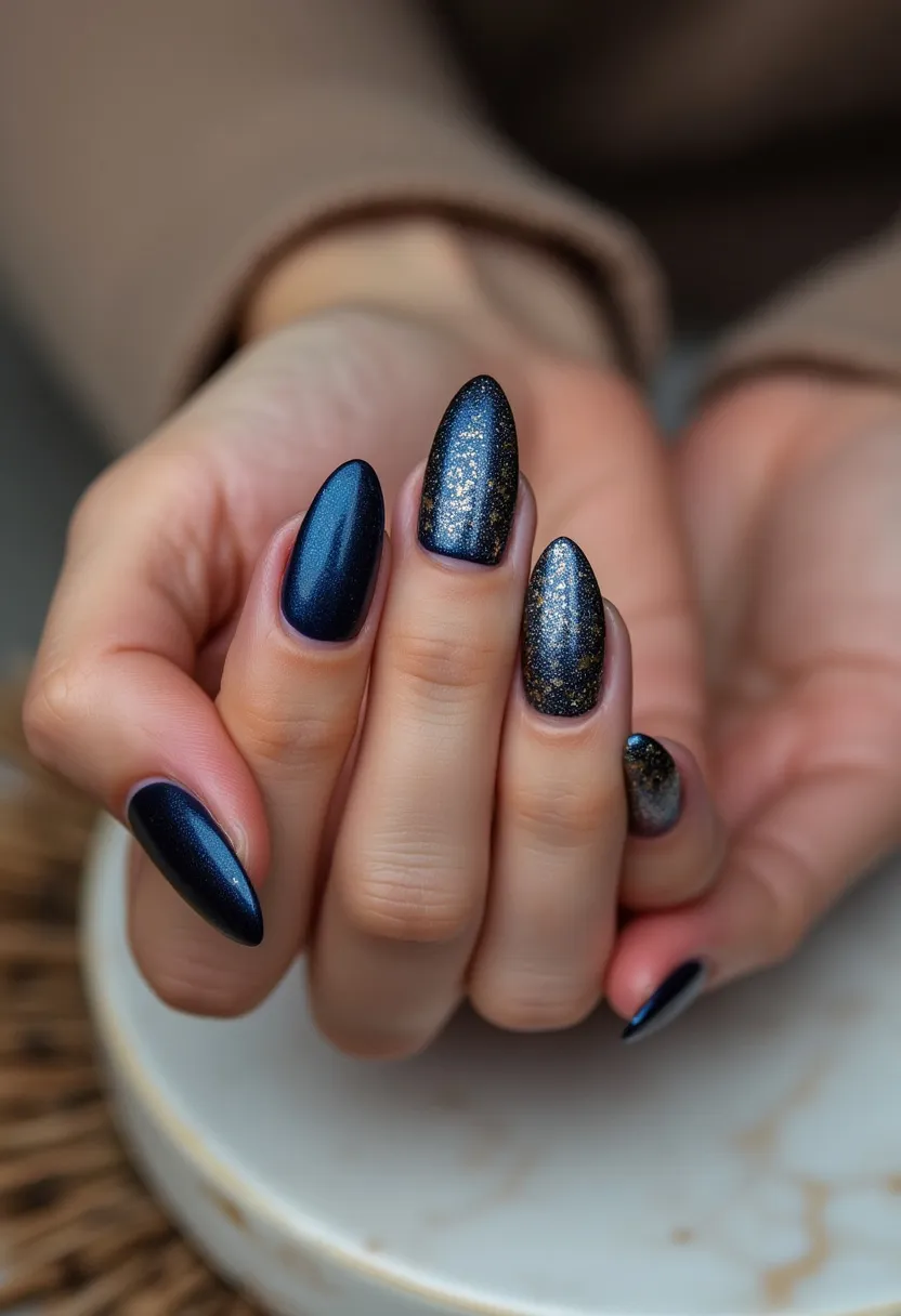 The nail design features an elegant and sophisticated color palette primarily dominated by a deep, metallic navy blue. The nails have an almond shape, which is both chic and elongating for the fingers. The intricate patterns include a shimmering gold glitter gradient on a few accent nails, likely achieved through a strategic application. This design appears to be done using a gel polish, given the smooth and glossy finish, as well as the durability of the metallic and glitter effects. The overall look suggests an evening or winter theme, fitting perfectly for special occasions or festive celebrations due to its glamorous and refined aesthetic.