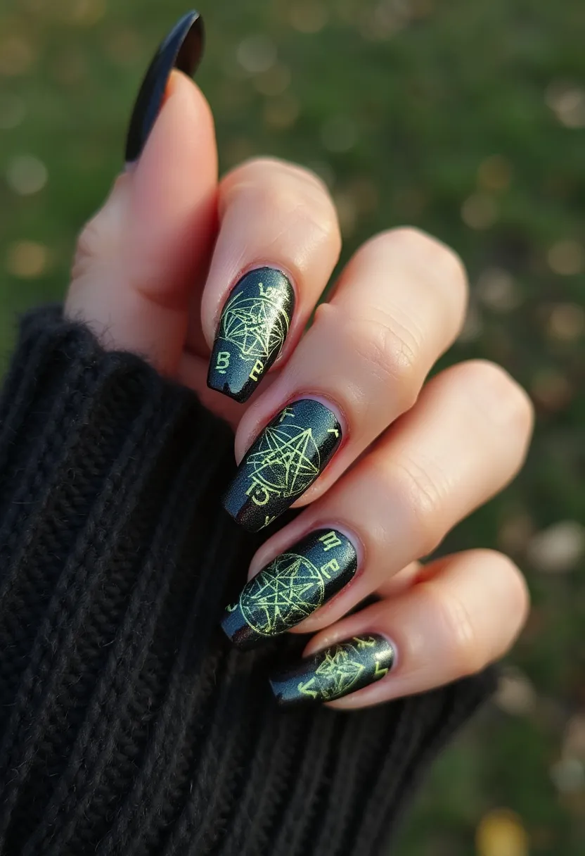 The nail design features a striking black base color, which provides a dramatic backdrop for the intricate, neon yellow geometric patterns that adorn each nail. The nails are long and coffin-shaped, offering ample canvas space for the detailed artistry. The geometric patterns resemble alchemical or mystical symbols, contributing to an overall occult or supernatural theme. This design appears to be achieved using a gel treatment, given the high-gloss finish and durability often associated with gel nails. The bold color choices and mystical symbols make this design particularly suitable for the Halloween season or for those who appreciate a gothic aesthetic.