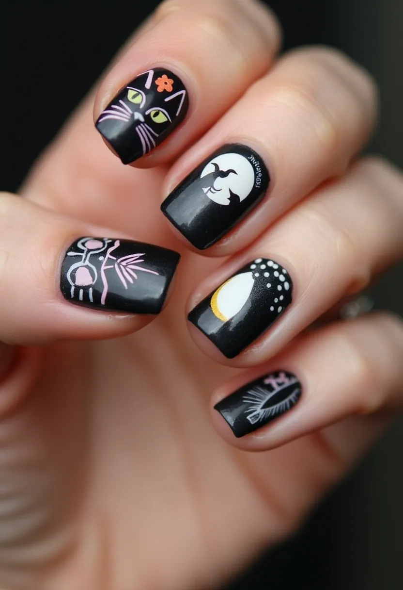 This nail design features a spooky Halloween theme with intricate patterns and decorations on a black base color. The color palette includes black, white, pink, yellow, and green, creating a striking contrast. The nails are shaped in a short, square style. The decorations include a black cat with green eyes and pink details, a white moon with a bat silhouette, abstract patterns with pink and white lines, and other small white accents like dots. The nails appear to be treated with a glossy finish, typically achieved with gel polish. The detailing suggests a creative and festive design, perfect for celebrating Halloween.