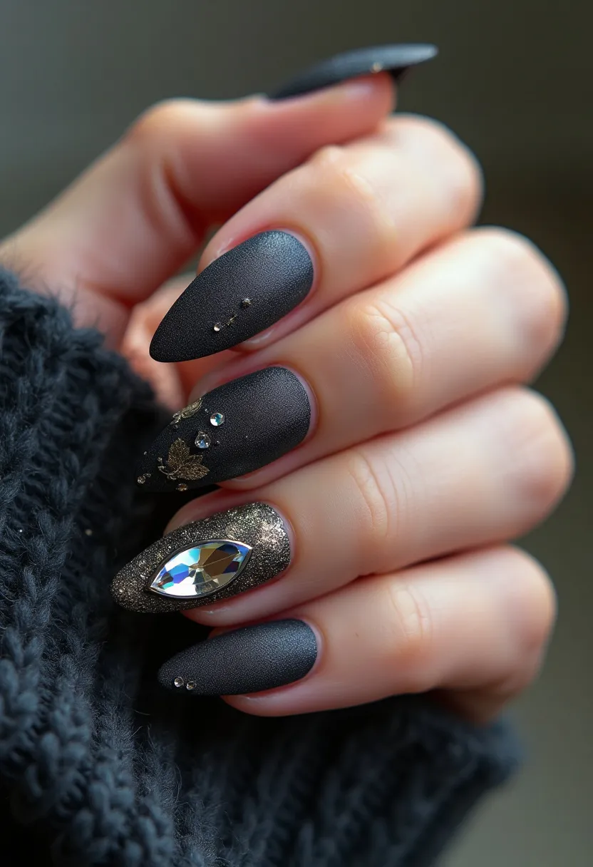 This nail design features an elegant and sophisticated color palette with a matte black base complemented by sparkling metallic silver accents. The nails are shaped into a pointed, stiletto style, which adds a dramatic and stylish look. Intricate decorations are present, including small rhinestone embellishments on multiple nails, creating a subtle yet eye-catching sparkle. One nail stands out with detailed gold leaf patterns and another with a large, prominent crystal set against a glittery silver background. This design likely utilizes gel treatment to achieve the smooth, matte finish and secure the complex decorations. The overall appearance is luxurious and elaborate, making it suitable for special occasions or a statement winter look due to the dark hues and glittering details.