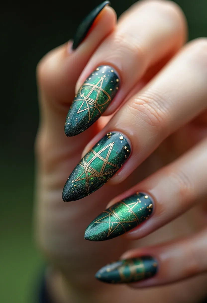 The nail design showcases an elegant dark green color palette with shimmering accents, featuring long, almond-shaped nails. Intricate golden star patterns adorn each nail, adding a touch of sophistication and a celestial theme. Small golden dots are strewn around the stars, enhancing the decorative detail. The nails appear to be treated with a glossy finish, indicating a gel or shellac treatment for added durability and shine. This design could be perfect for a special occasion or a festive season, exuding a luxurious and mystical vibe.