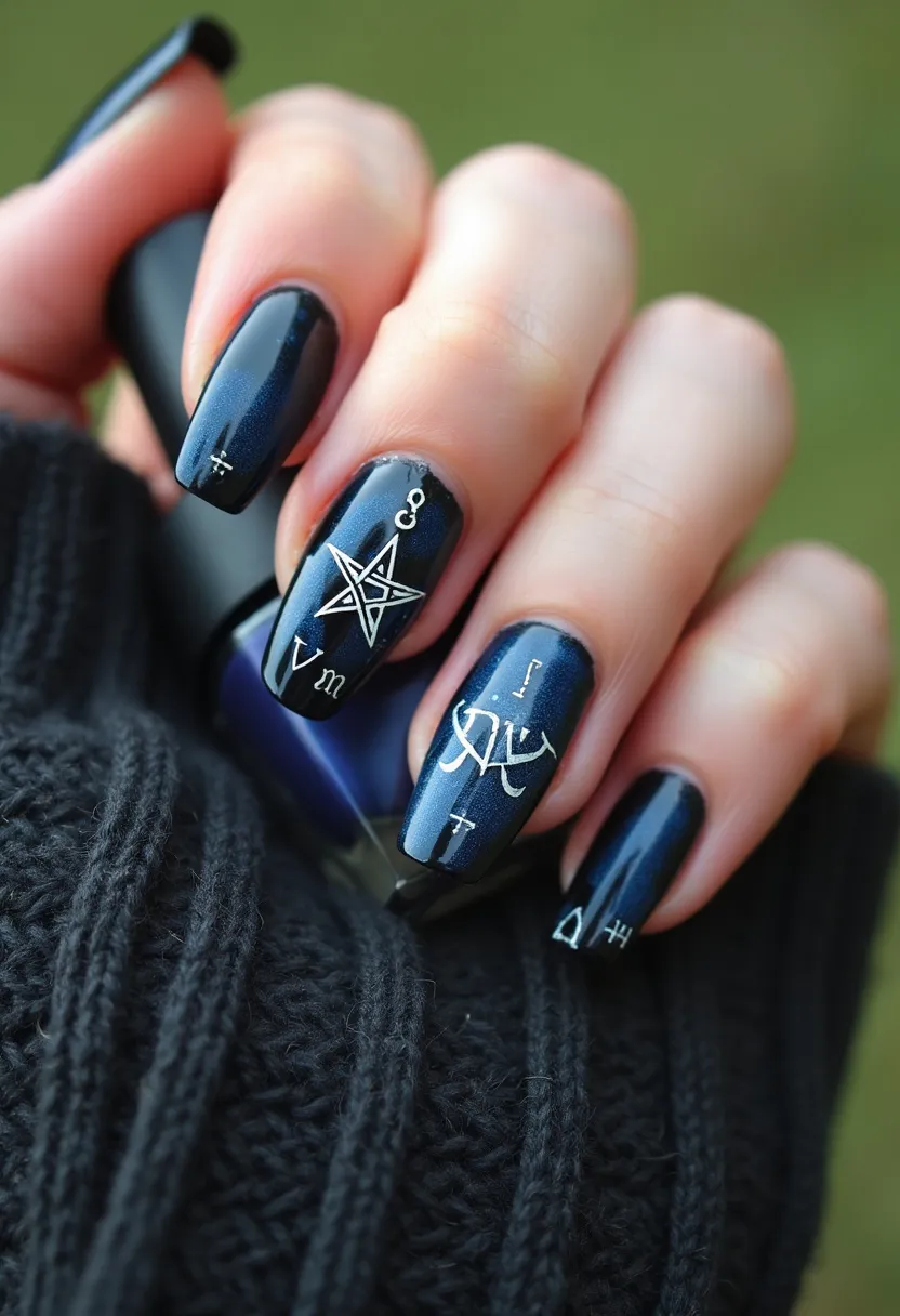 The nail design features a deep blue-black color palette with a glossy finish, likely achieved through a gel treatment. The nails are medium to long in length and have a squared-off shape. Intricate white designs adorn each nail, including symbols, letters, and what appears to be a pentagram, adding a mystical or astrological theme to the overall look. The decoration includes fine linework and precise detailing, giving the nails a sophisticated and professional appearance. This design is ideal for a special occasion or seasonal theme such as Halloween or a themed party, highlighting a blend of elegance and a touch of the arcane.