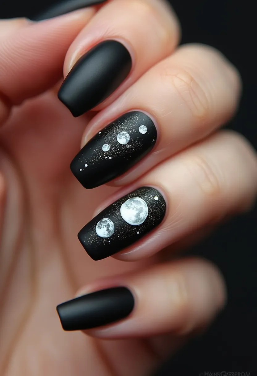 The nail design features a striking black matte color palette with medium-length coffin-shaped nails. The design showcases an intricate astronomical theme with white moon phases and small star-like details set against the dark background, creating a captivating galaxy effect. The addition of glitter gives the nails a touch of sparkle, enhancing the celestial ambiance. The nail treatment appears to be gel, ensuring a smooth, glossy finish and long-lasting wear. This design is perfect for a unique, mystical look, ideal for special occasions such as Halloween or themed events.