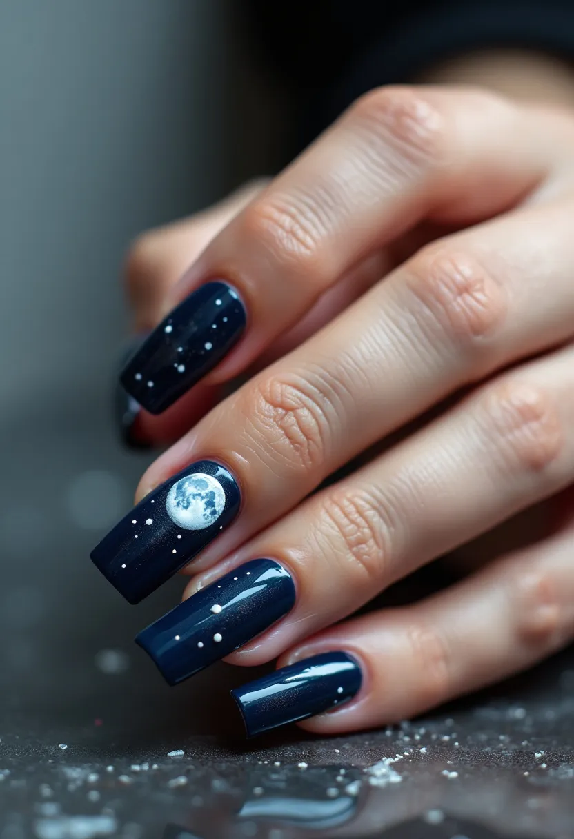 The nail design features a celestial-themed dark blue palette, resembling a night sky. The nails are long and square-shaped, and the surface appears to be smooth and shiny, indicative of a possible gel or shellac treatment. Each nail displays a different stage or aspect of a starry night scene, with dotted white stars scattered across the blue background. The most prominent feature is a detailed, hand-painted full moon on one of the nails, adding a focal point to the design. This intricate and artistic style suggests it might be suitable for an evening or winter-themed occasion, conveying a serene, night-time aesthetic.