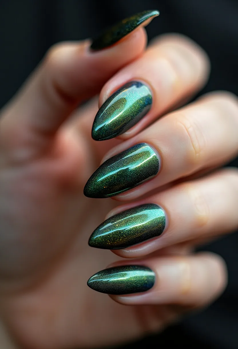 The nail design features a striking, iridescent green and black color palette with a shimmering, metallic finish that catches the light beautifully. The nails are almond-shaped, providing a sophisticated and stylish look. The intricate pattern on the nails showcases a subtle gradient effect, blending the green and black hues seamlessly with hints of gold flecks, enhancing the multidimensional appearance. This design likely involves gel or shellac treatment, giving a glossy and durable finish. The choice of colors and the shimmering effect make it suitable for festive or special occasions, adding a touch of elegance and glamour to the overall look.