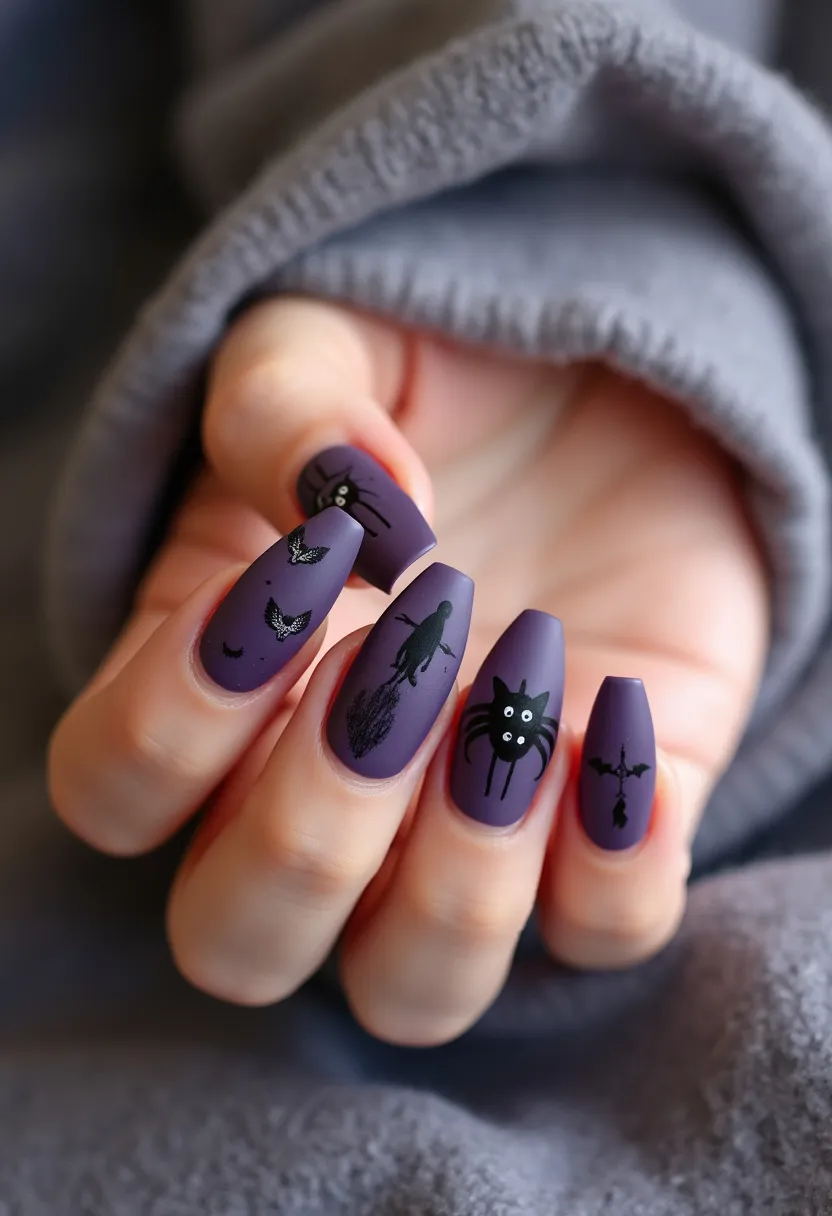 The nail design features a rich, matte purple color palette that exudes a spooky and mysterious vibe. The nails are elongated and almond-shaped, which provides a sleek and elegant look. Each nail is adorned with intricate black designs, including bats, cats, a flying witch, and what appears to be a spider with beady eyes, making this design perfect for a Halloween theme. The use of black against the matte purple creates a striking contrast, enhancing the overall eerie effect. These nails appear to be done using a gel or acrylic treatment, given the smoothness and precision of the designs. This design is ideal for the autumn season, particularly for celebrating Halloween or any spooky-themed occasions.