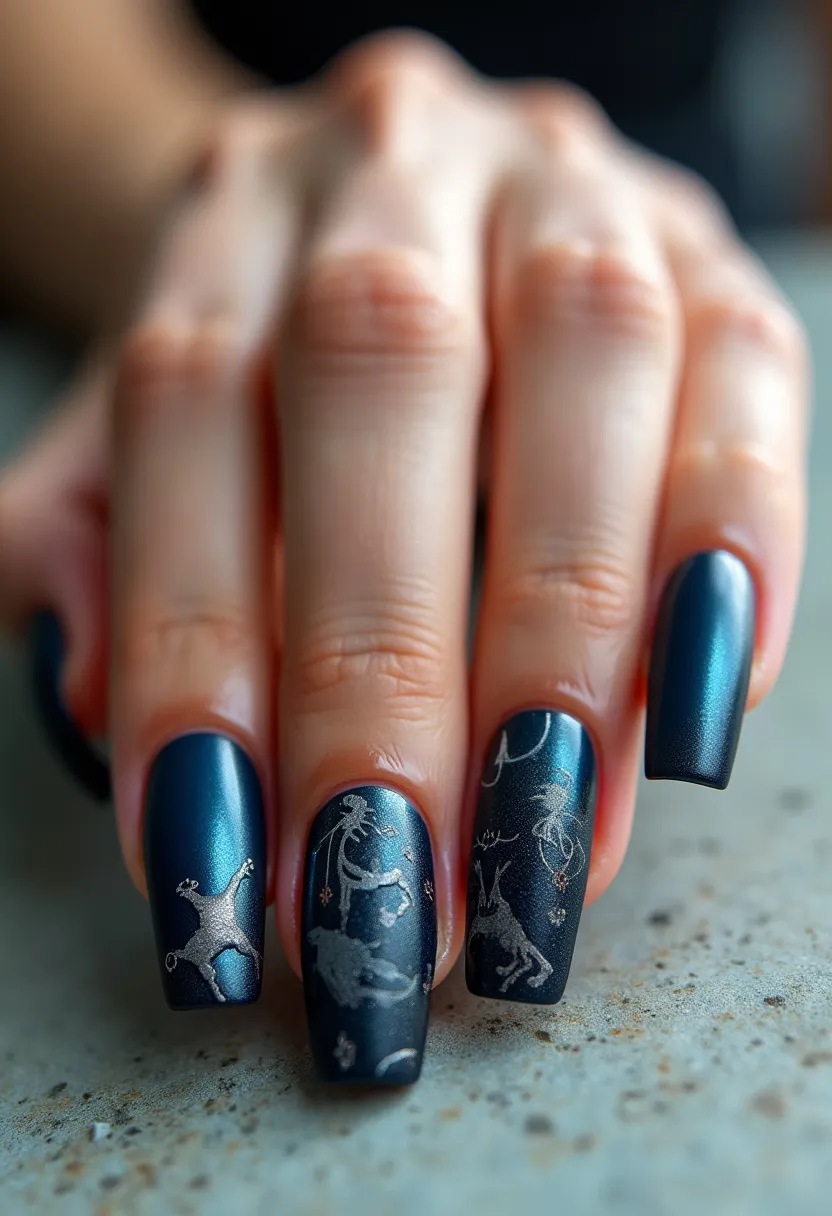 The nail design features a deep blue color palette with a subtle metallic sheen, lending a sophisticated and elegant look. The nails are shaped in a long, square form, which enhances the overall aesthetic and provides a broad canvas for detailed artwork. intricate silver constellations and zodiac signs are depicted with fine precision, highlighting a celestial theme. The intricate designs are likely created using a stamping technique or fine nail art brushes, which adds a layer of complexity and artistry. The treatment appears to be gel, offering a glossy and durable finish that likely ensures longevity and resistance to chipping. This design could be suitable for various occasions but would be particularly fitting for themed events or those interested in astrology and celestial elements.