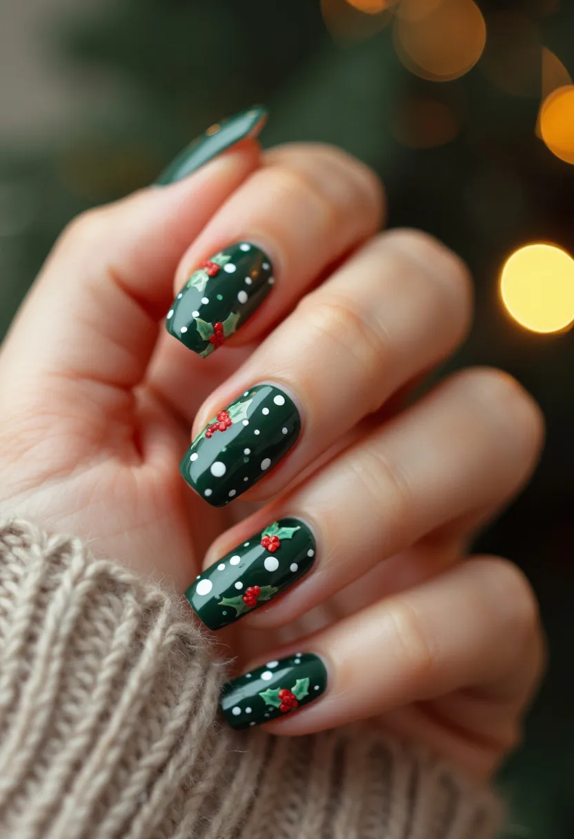 The nail design features a festive Christmas theme, utilizing a deep forest green base color that is accentuated with intricate patterns. The nails are medium length and almond-shaped. The design includes white polka dots reminiscent of snow, interspersed with small, red three-dimensional holly berries and green leaves, adding a touch of texture and realism to the art. The decorations suggest a visually appealing and cozy winter theme, ideal for the holiday season. These nails appear to be crafted with gel, providing a glossy and durable finish that enhances the holiday spirit of the design.