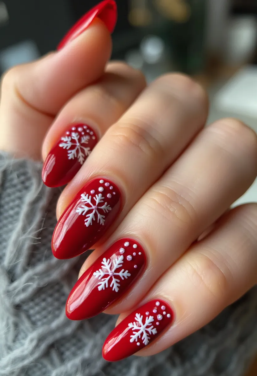 The nail design features a rich red color palette, giving it a classic and elegant look. The nails are shaped in a medium-length almond form, offering a sleek appearance. Intricate white snowflake patterns grace each nail, adding a touch of wintery charm. Complementing the snowflakes are small white dots, enhancing the festive theme of the design. The high-gloss finish indicates that these nails are likely gel-treated, ensuring both durability and shine. This design is perfect for the winter season, especially suitable for holiday occasions, making it a stylish choice for festive gatherings.