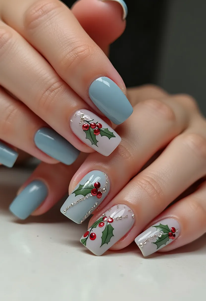 The nail design features a winter-themed palette, primarily consisting of muted blue and white nail polishes. The nails are medium length and have a squared shape with rounded edges. There are intricate hand-painted holly leaves and red berries on a few of the nails, complemented with silver bead embellishments, creating a festive holiday design. The meticulous detailing suggests the use of gel nails, which offer a smooth and glossy finish, ideal for showcasing the fine art and decorations. The overall look is sophisticated yet playful, perfectly suited for the Christmas season or any winter festivities.