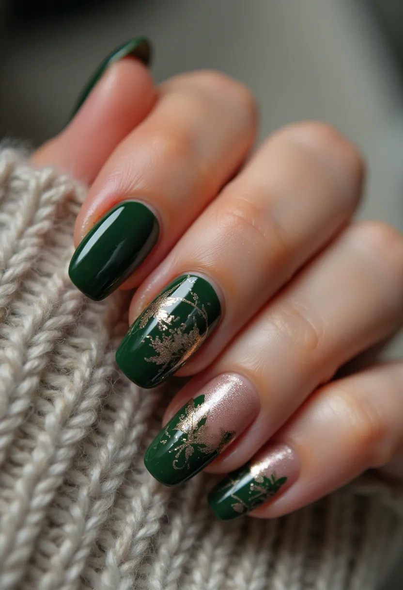 This nail design features a harmonious blend of dark green and shimmery pink hues, creating a sophisticated and elegant palette. The nails are shaped in a medium-length almond form, which adds to their refined appearance. Intricate golden leaf patterns and botanical motifs adorn the nails, providing a luxurious touch and an autumnal or nature-inspired theme. The use of gel polish is evident from the glossy and smooth finish. The design appears to be well-suited for a fall or winter season, potentially aligning with festive occasions such as Thanksgiving or holiday celebrations. The attention to detail in the gold accents elevates the overall aesthetic, making it a standout manicure.