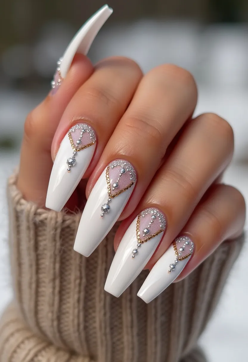 This nail design features a sophisticated and elegant color palette primarily composed of white and soft pink hues. The nails are shaped into long, coffin-shaped extensions, indicative of a glam and chic aesthetic, and appear to be treated with gel polish for a glossy finish. Intricate patterns and decorations adorn the nails, including a glittery pink base at the cuticles that gracefully transitions into white tips. Gold chains and small, delicate rhinestones add a luxurious touch, forming a V-shaped border that emphasizes the glossy surface, suggesting meticulous and creative attention to detail. The overall design conveys a wintry or festive theme, making it suitable for special occasions or holiday celebrations.