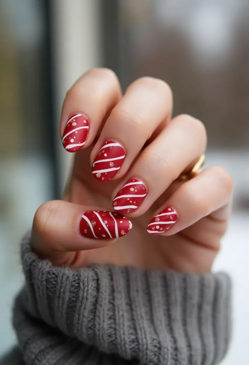 The nail design features a rich, festive red base color, ideal for the holiday season. The nails are medium-length with an almond shape that provides a subtle elegance. Over the red base, there are white diagonal lines creating a candy-cane-like pattern along with small gold dots, adding a touch of sparkle. This intricate design is indicative of a gel nail treatment, ensuring a smooth and durable finish perfect for special occasions such as Christmas or other winter festivities. The combination of red, white, and gold themes reinforces a cheerful and seasonal aesthetic.