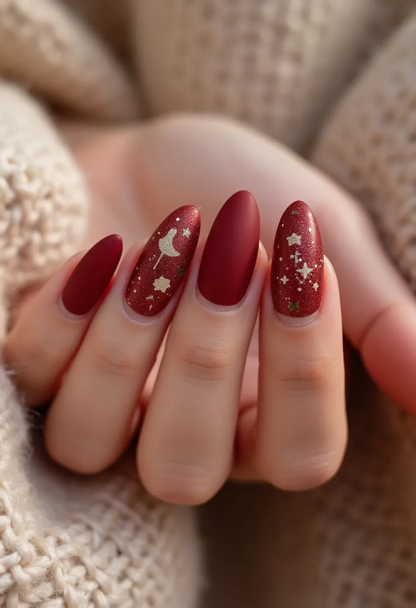 The nails feature a rich, deep red color palette with a mix of matte and glitter finishes. The nails are shaped in a stiletto form, coming to a soft point at the tips. Two of the nails are adorned with intricate gold star and moon patterns, enhancing the festive and enchanting feel of the design. These accents are set against a sparkling red background, adding a layer of depth and elegance. This particular nail design appears to be well-suited for seasonal celebrations, possibly Christmas or New Year, given the color scheme and decorative elements. The use of a gel treatment is evident, contributing to the smooth and glossy appearance of the nails.