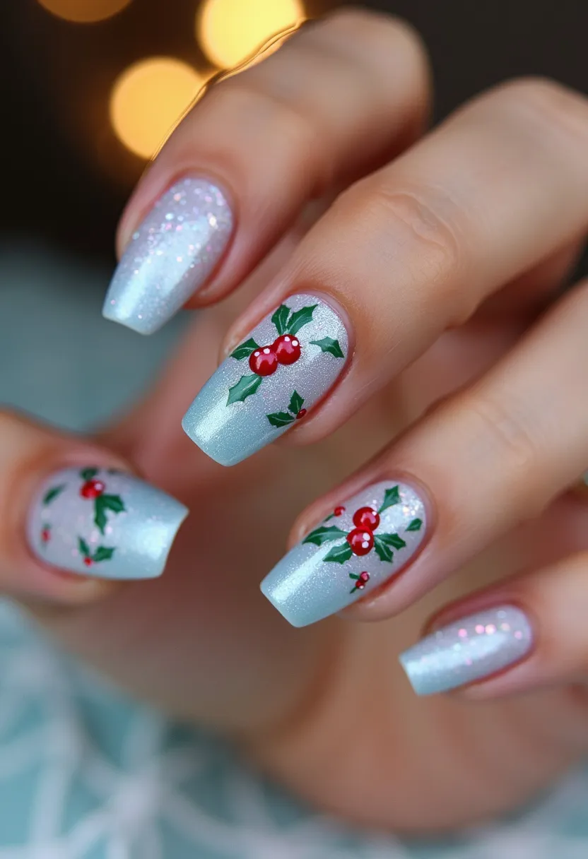 The nail design features a light, shimmery blue base color adorned with intricate hand-painted holiday-themed decorations. The nails are medium length with a square-tip shape, showcasing a classic and neat structure. The primary design includes vibrant red holly berries accompanied by green leaves, adding a festive touch suitable for Christmas. The use of what appears to be gel polish gives the nails a glossy and smooth finish, enhancing the overall shiny appearance. Tiny white dots are also part of the design, contributing to its festive theme. This nail art is perfect for the winter season and holiday celebrations.