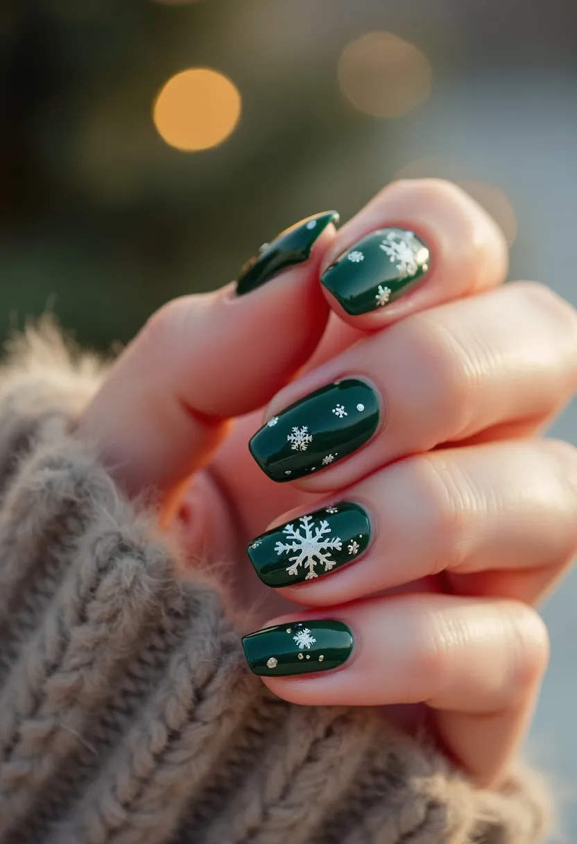 The nail design features a dark green color palette, giving it a rich and sophisticated look. The nails are of medium length and have a square shape, which adds a modern touch to the overall aesthetic. Adorning the nails are intricate white snowflake patterns, emphasizing a winter and festive theme. Small, delicate dots in white are also present, complementing the snowflake designs and adding extra detail to the look. The nails appear to have a glossy finish, suggesting a gel nail treatment that provides shine and durability. This design is ideal for the winter season, particularly suitable for holiday occasions and seasonal celebrations.