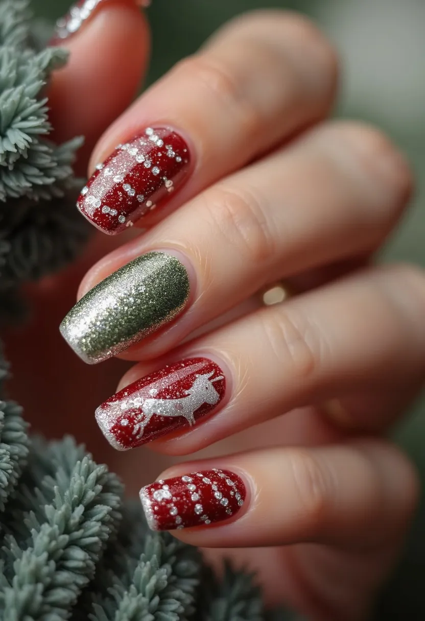 The nail design showcases a festive and elegant theme, ideal for the holiday season. The color palette is comprised of deep red and glittering green, accentuated with sparkly silver decorations. The nails are in a squoval shape, a flattering blend of square and oval. Glitter and shimmer are used extensively, suggesting a gel or acrylic treatment to provide a smooth, glossy finish. The red nails feature intricate patterns such as silver reindeer silhouettes and dot embellishments, evoking a Christmas-inspired feel. The green nail is solely adorned with glitter, adding a contrasting yet harmonious sparkle to the overall look. This design would be perfect for a holiday party or a winter-themed event.