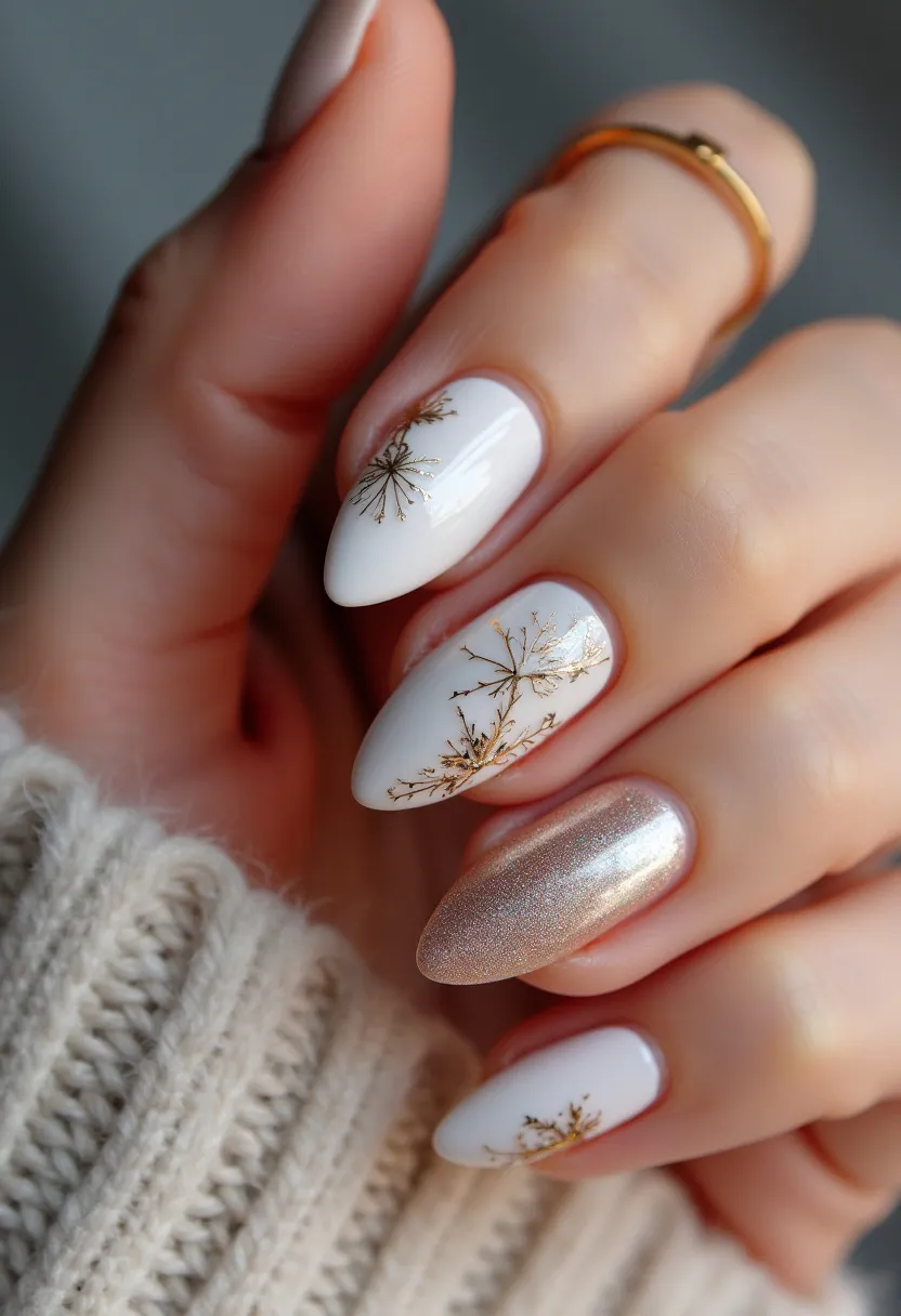 The nail design features an elegant nail color palette consisting of white and metallic gold hues. The nails are almond-shaped, providing a sleek and sophisticated look. Two of the nails prominently display intricate botanical patterns in gold, resembling delicate dandelions or twigs, adding a touch of nature-inspired charm to the design. One of the nails is uniquely decorated with a shimmering, metallic gold finish that catches the light beautifully. The nail treatment appears to be gel, providing a smooth and glossy finish. The design has a festive and winter seasonal theme, making it suitable for special occasions or holiday celebrations.